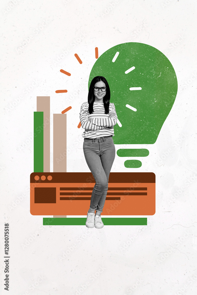 Poster art image vertical photo collage of happy manager girl stand crossed hands interface webpage icon li