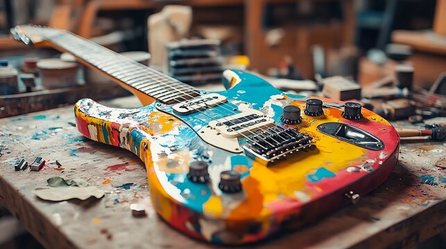 Colorful electric guitar in a workshop