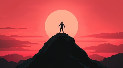 Silhouette of a Person Standing on a Mountain Peak Against a Vibrant Sunset Sky with Warm Colors and Scenic Landscape in the Background