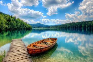 Obraz premium Serene Lake View with Wooden Boat, Clear Blue Water, Lush Green Trees, Cloudy Sky, Reflection on Water, Peaceful Landscape, Tranquil Nature Scene