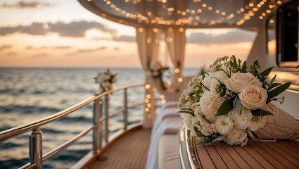 Elegant wedding setting on a yacht at sunset with beautiful floral arrangements and serene ocean views