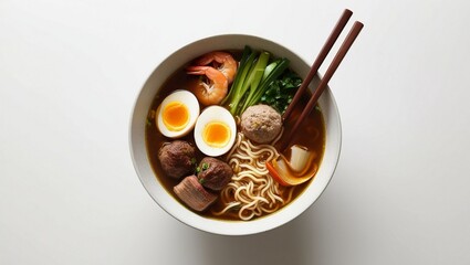 Delicious Ramen Bowl with Egg, Meat, and Vegetables – Traditional Japanese Cuisine, Hot Soup, and Gourmet Noodles for Lunch or Dinner