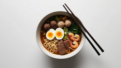 Fototapeta premium Delicious Ramen Bowl with Egg, Meat, and Vegetables – Traditional Japanese Cuisine, Hot Soup, and Gourmet Noodles for Lunch or Dinner
