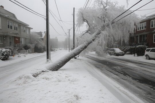 Fallen Tree Blocks Snowy Residential Street During Winter Storm