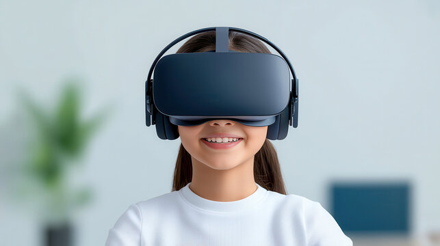 A smiling girl wearing virtual reality headset enjoys immersive experience