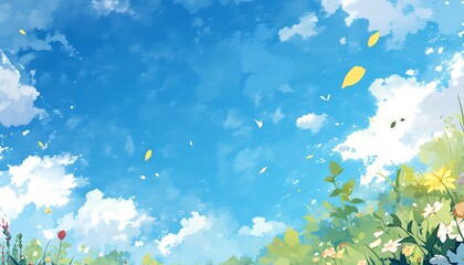 Summer meadow, bright sky, floating leaves, flowers
