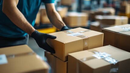 Worker handles cardboard boxes in a busy warehouse during the day while focusing on efficient organization and shipment preparation