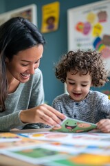 A teacher helps a small child recognize emotions using illustrated flashcards
