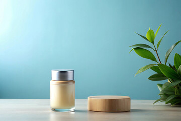 Skincare Product Display: A sophisticated skincare product is showcased alongside a minimalist wooden display, complemented by verdant leaves.
