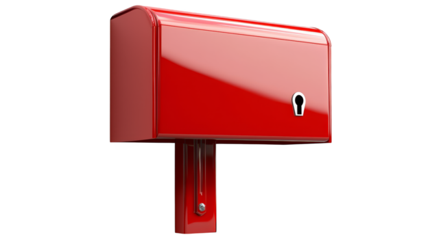 Bright red mailbox with a letter on top, ready for mail delivery red
