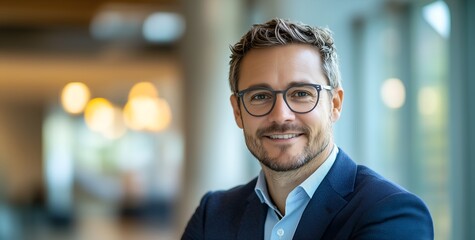Fototapeta premium A man wearing glasses and a stylish blue jacket posing confidently against a neutral background