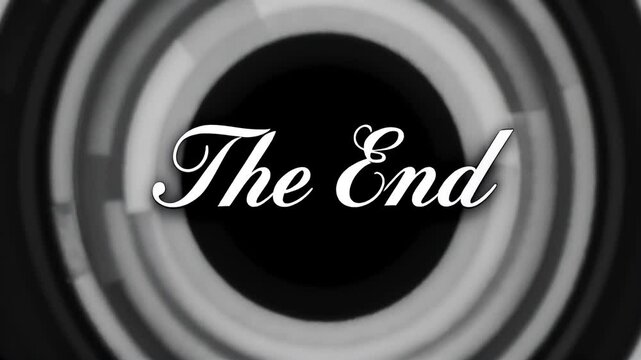 Monochrome cinematic the end text with circular retro pattern