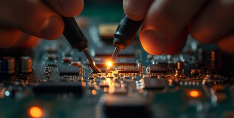 A person meticulously working on a complex electronic circuit with a small piece of metal in a welllit workspace