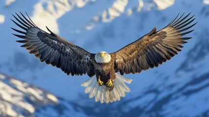 Fototapeta premium Bald eagle flying over snow-covered mountains with its wings spread wide
