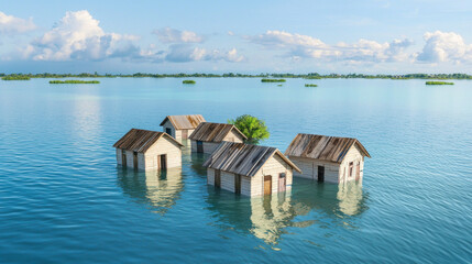 Environmental crisis. Flooded houses surrounded by water under a clear sky.