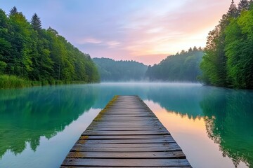 Obraz premium Tranquil Wooden Pier Extending Into Misty Lake Surrounded by Lush Green Forest Under Pastel Sunrise Sky Reflections on Water Surface