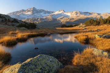 Naklejka premium Serene Mountain Lake Reflecting Snow Capped Peaks in Autumn