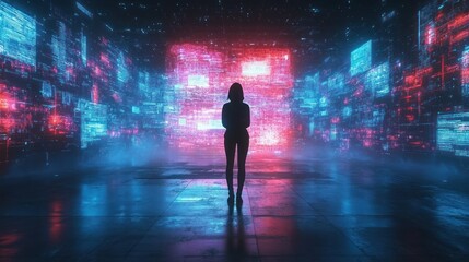 silhouette stands amidst a luminous cityscape of futuristic data streams technology and innovation