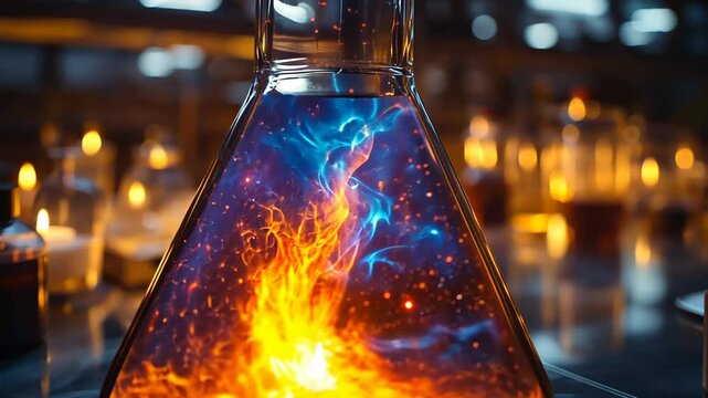 Mysterious glowing potion in a laboratory flask, fantasy and alchemy concept. High quality 4k footage