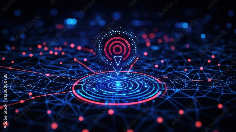 Poster futuristic abstract digital network with geometric patterns and target symbols indicating location a