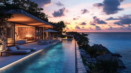 Sunset poolside retreat coastal villa luxury travel serene environment
