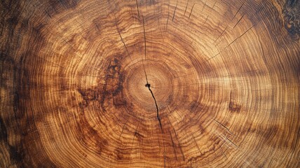 Naklejka premium Cross section of a large tree trunk reveals intricate wood grain patterns and growth rings indicating its age and life history