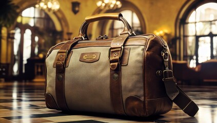 Stylish leather and fabric travel bag placed elegantly in a luxurious hotel lobby with intricate architecture and soft lighting ambiance