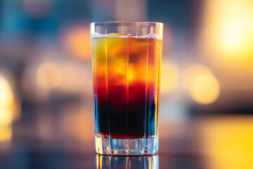 Elegant Tequila Sunrise Cocktail with Vibrant Layers Against Blurred Backdrop
