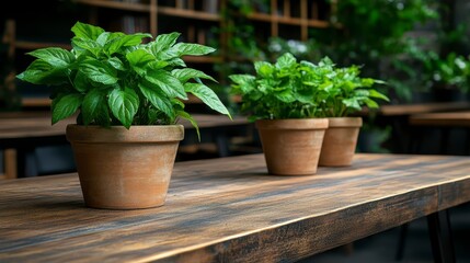 Vibrant Green Potted Plants on Rustic Wooden Tabletop