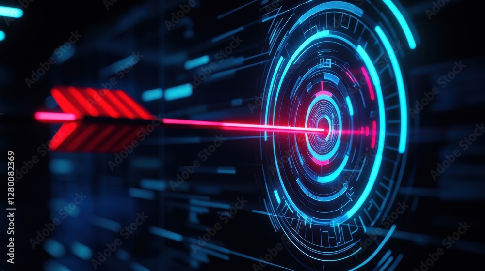Poster futuristic digital arrow target interface with neon colors and abstract data visualization backgroun