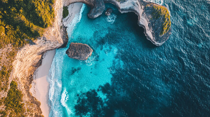 Aerial view of tropical beach and turquoise ocean for travel marketing materials