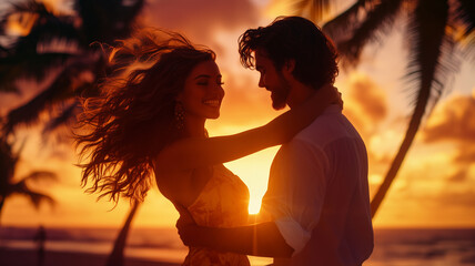 Couple kissing at sunset, girl and guy, woman and man dancing against the sunset on vacation, among palm trees, symbolizing love and inspiration, romantic relationship 