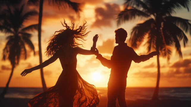 Couple, girl and guy dancing against the sunset on vacation, on the beach, among palm trees