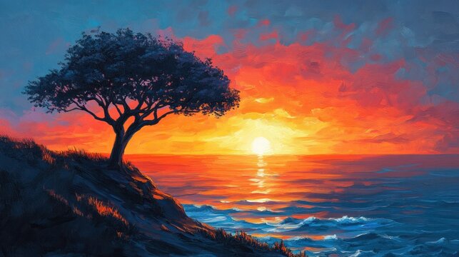 serene coastline sunset reflection with majestic tree silhouette against fiery sky colors artwork