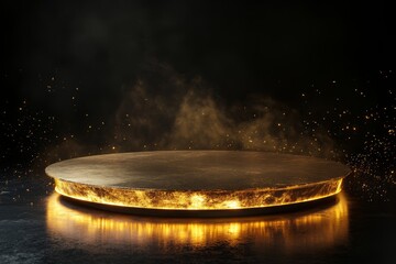 Obraz premium A glowing black circular podium with golden light particles floating in the air, against a dark background. 