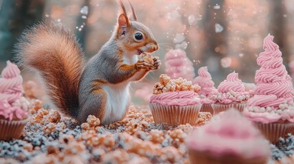 Adorable red squirrel enjoying cupcakes and popcorn in a whimsical autumnal setting.