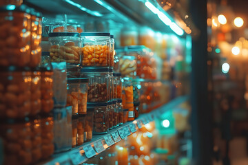 Fototapeta premium Preserved goods on a supermarket shelf, variety of pickled vegetables for sale in the shop