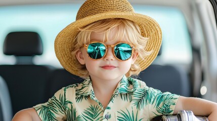 Fototapeta premium Young child wearing sunglasses and straw hat in a car, ready for summer adventure with palm leaf shirt and joyful expression, exploring new destinations