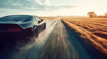 Fototapeta premium Drag racing car tearing through an open rural road at full speed. Featuring freedom and thrill