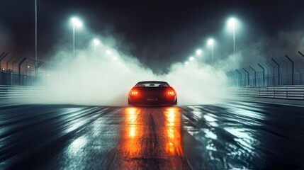 Drag racing car under bright track lights. Featuring thrilling speed and focus