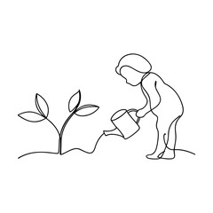 Child watering plant, single line drawing, nature, growth, nurture, care, seedling, sprout, garden, 