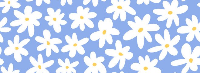 Hand drawn white flower seamless pattern. Floral repeating wallpaper for textile design, fabric, print, wrapping paper. Cute daisy flowers on blue background. Vector repeated ditsy texture
