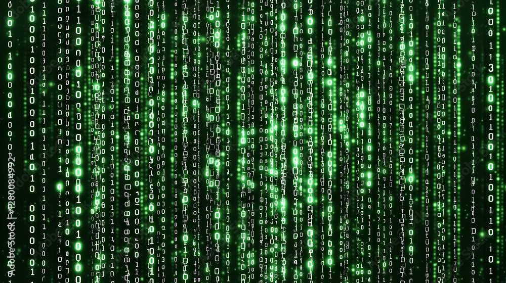 Poster digital matrix, a grid of binary code illuminated against a dark backdrop, evokes the essence of tec