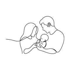 OneLine Drawing Happy Family, Parents, Newborn Baby, Love, Unity, Care, Joy, Parenthood, Happiness, 