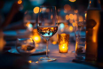 Elegant evening, Wine glass amidst soft candlelight and bokeh lights