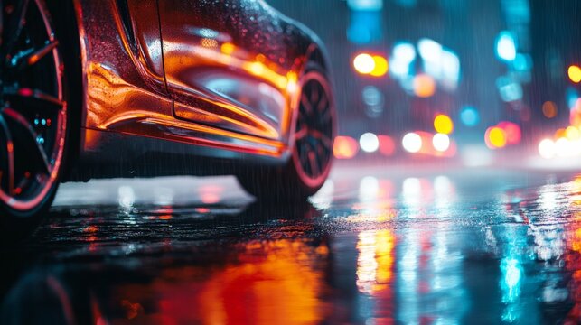 Drag racing car weaving through a rain-slicked city street. Featuring control and precision