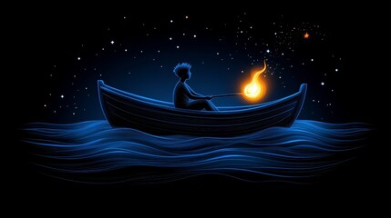 Nighttime Voyage of Discovery Child on Boat Searching the Stars Seeking Dreams and Imagination in a Mystical Adventure on water scene