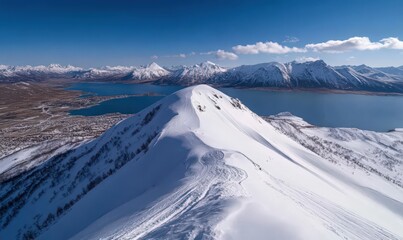 Aerial View of Snow Covered Mountain Peak and Expansive Lake Under a Bright Blue Sky