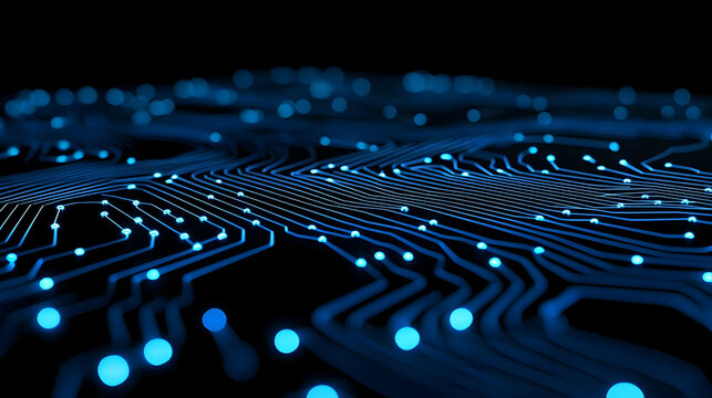 Digital Circuitry Design, intricate blue lines and connecting dots on a white background, symbolizing technology and connectivity in modern systems
