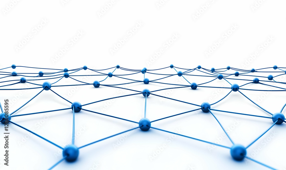 Poster digital grid structure with blue lines and dots, creating an intricate network pattern, symbolizing 